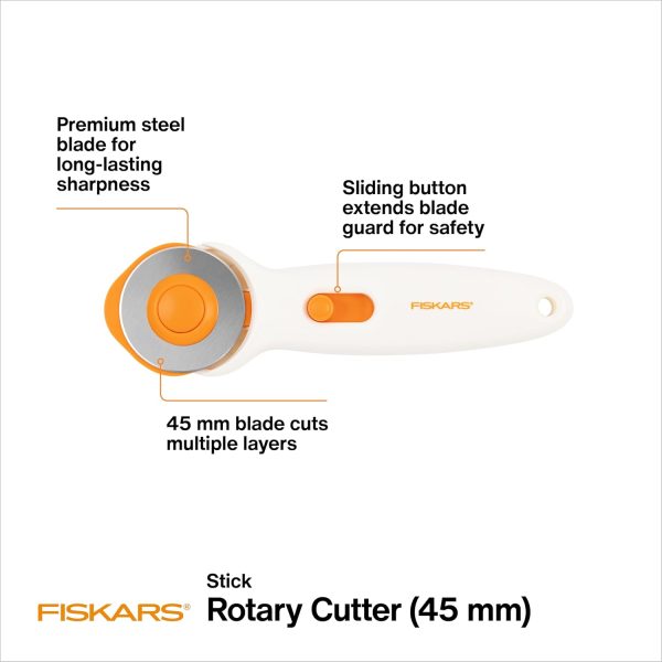 Fiskars 45mm Rotary Cutter for Fabric, Premium Steel Stick Fabric Cutter Cuts Through Multiple Layers, Right and Left Handed, Easy and Safe Blade Change, Arts and Crafts, Sewing and Quilting Tools - Image 3