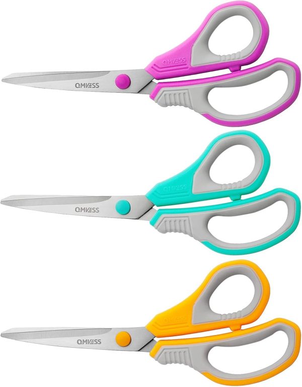 QMVESS 8.5" Scissors All Purpose 3 Pack, Ultra Sharp 2.5mm Thick Blade Scissors for Office, Professional Ergonomic Comfort Grip Scissors for Office School Home Fabric DIY Craft Cutting General Use