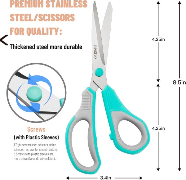 QMVESS 8.5" Scissors All Purpose 3 Pack, Ultra Sharp 2.5mm Thick Blade Scissors for Office, Professional Ergonomic Comfort Grip Scissors for Office School Home Fabric DIY Craft Cutting General Use - Image 4
