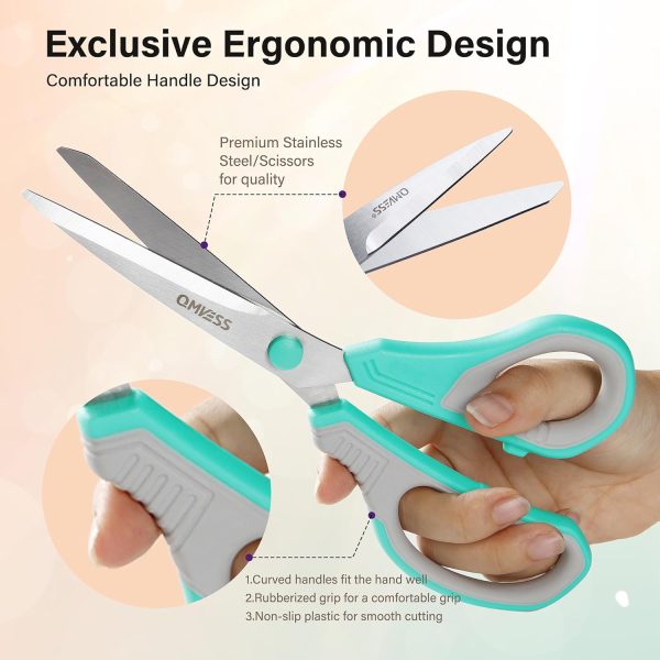 QMVESS 8.5" Scissors All Purpose 3 Pack, Ultra Sharp 2.5mm Thick Blade Scissors for Office, Professional Ergonomic Comfort Grip Scissors for Office School Home Fabric DIY Craft Cutting General Use - Image 5